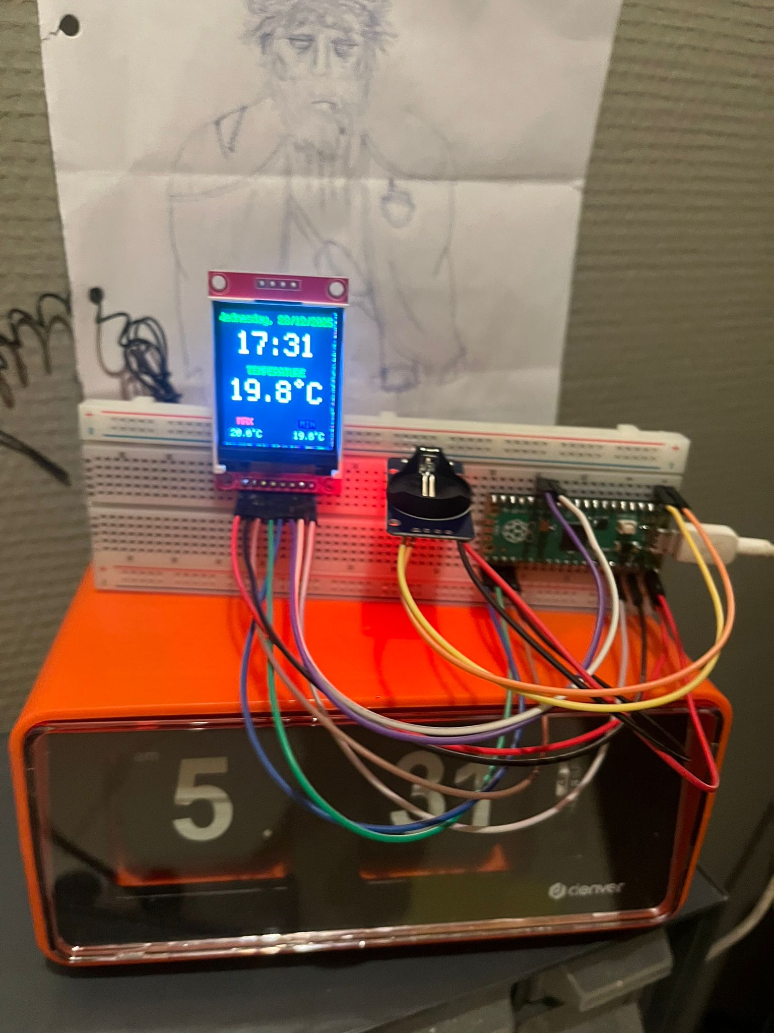 Raspberry Pi Pico display showing time and temperature
